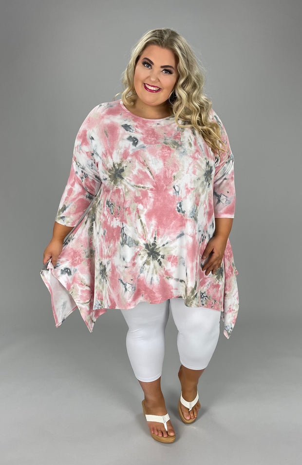 73 PSS-A {All The Best} Pink/Taupe Print Top Sharkbite Hem EXTENDED PLUS SIZES 3X 4X 5X