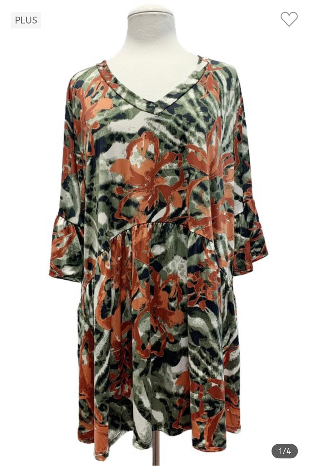 30 PQ-P {Olive Dreams} Olive Red Print Babydoll Top EXTENDED PLUS SIZE 3X 4X 5X
