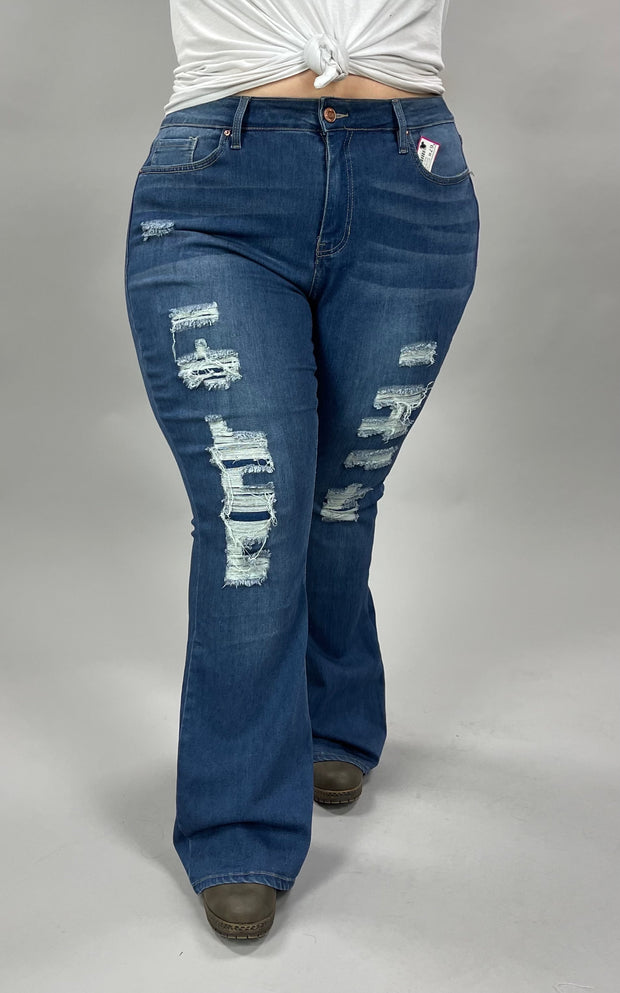 BT-P [YMI} DISTRESSED HIGH-RISE FLARE JEANS
