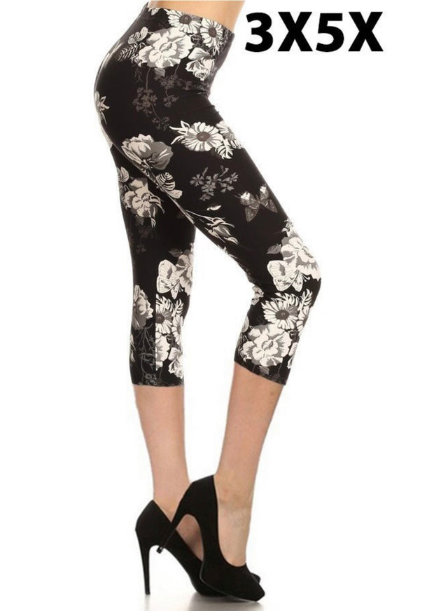 LEG-50 {Greyscale Visions} Grey/White Floral Butter Soft Capri Leggings EXTENDED PLUS SIZE 3X/5X