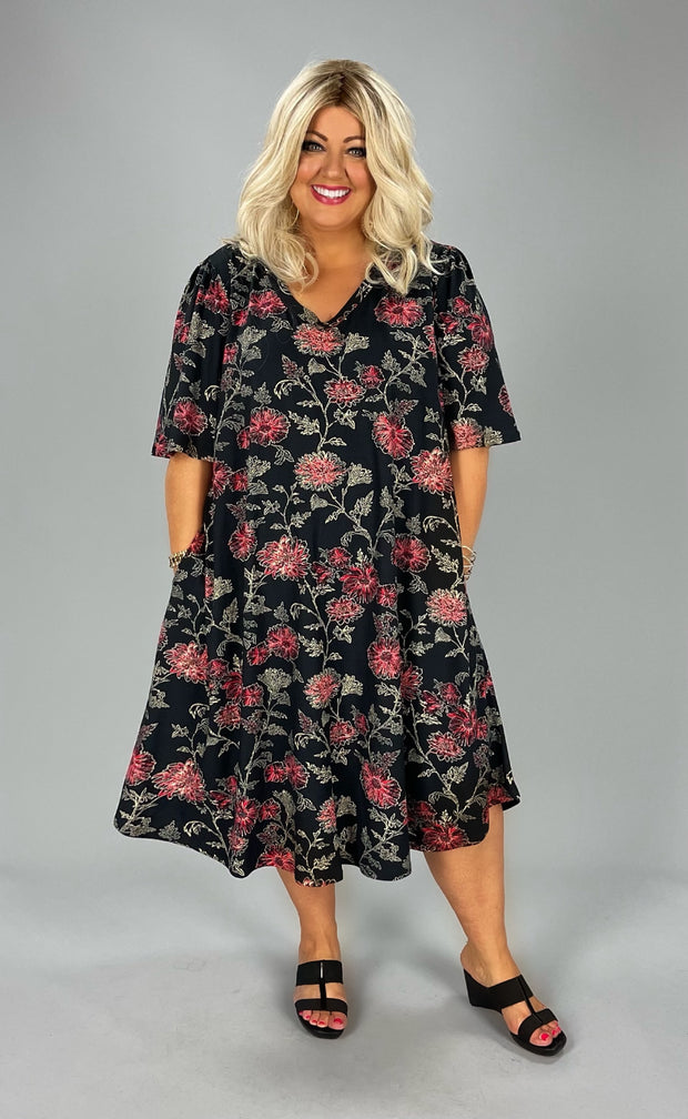 86 PSS-C {Soulful Looks} ***SALE***Black w/ Red Floral Print Dress EXTENDED PLUS SIZES 3X 4X 5X