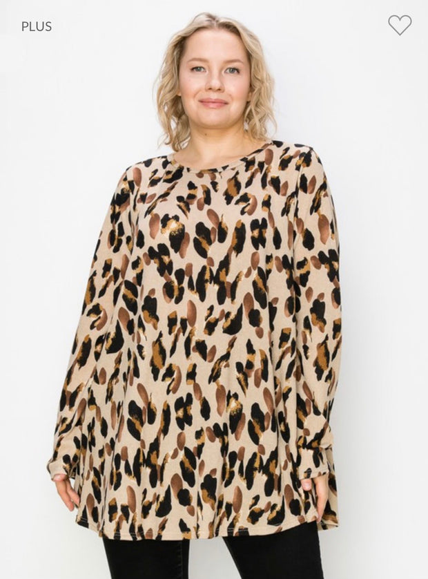 69 PLS-A {Keep You Company} Taupe Leopard Print Top EXTENDED PLUS SIZE 3X 4X 5X