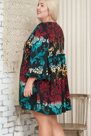 86 PQ-Y {No Wrong Answer} Black Damask Print Babydoll Tunic EXTENDED PLUS SIZE 3X 4X 5X