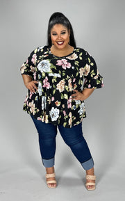 74 PSS-B {Meant To Be} Black Floral Babydoll Top PLUS SIZE 1X 2X 3X