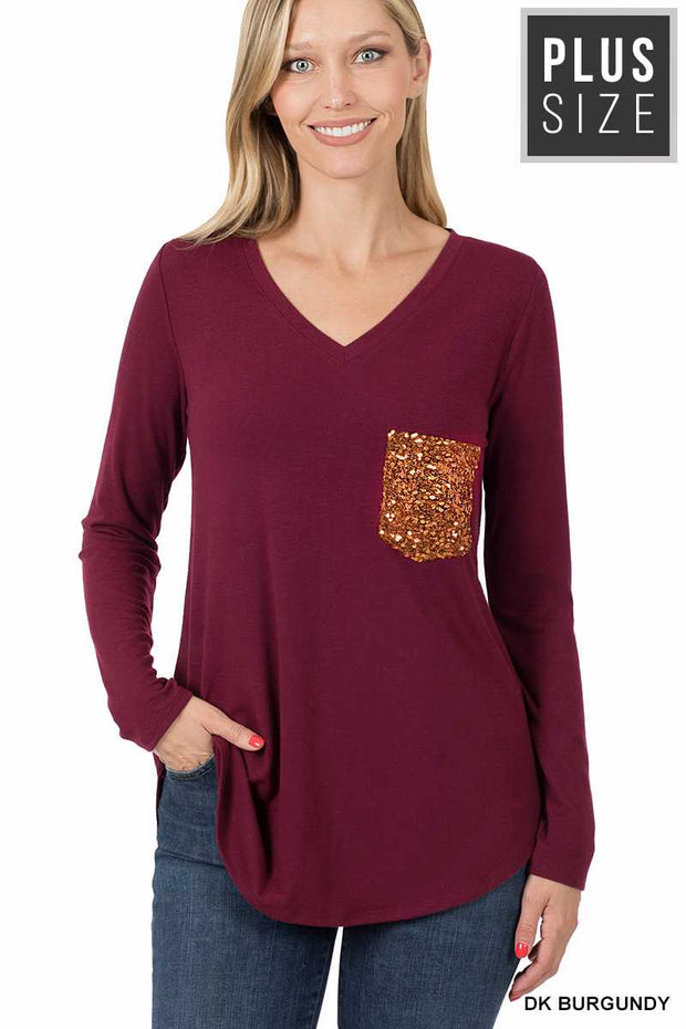 20 OR 56 SD-C {Stunning Vision} Burgundy Sequin Pocket Top PLUS SIZE 1X 2X 3X