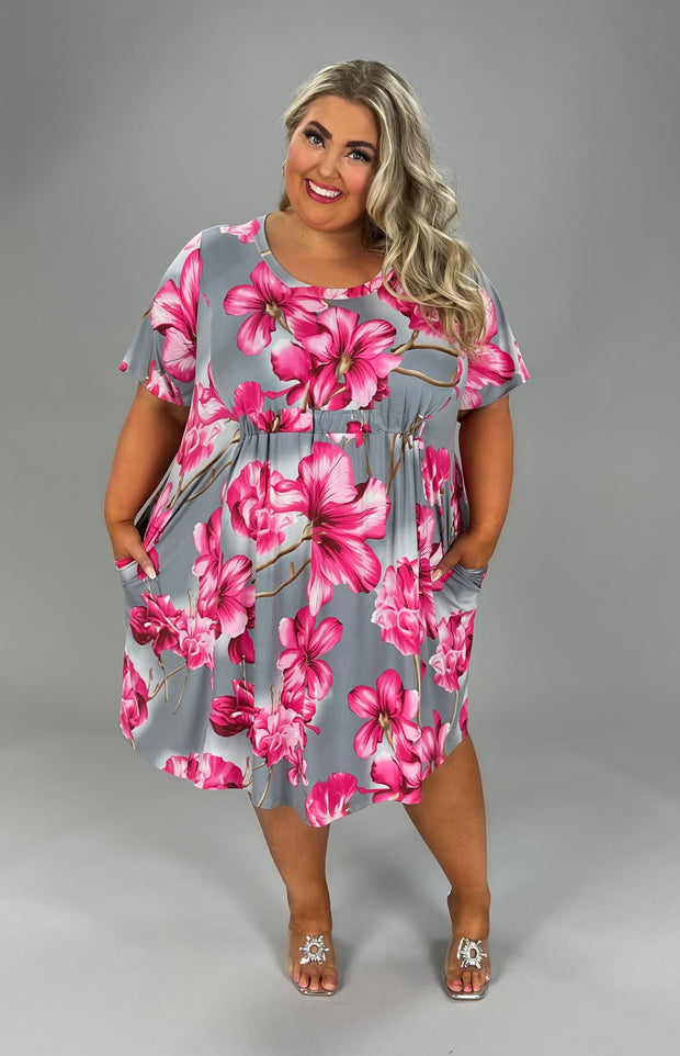 67 PSS-Z {Enduring Details} Grey Floral Cinched Waist Dress EXTENDED PLUS SIZE 1X 2X 3X 4X 5X 6X