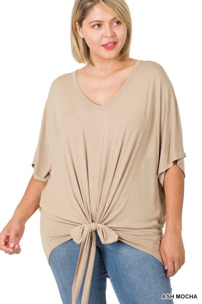 84 OR 44 SSS-J {All Tied Up} Ash Mocha V-Neck Front Tie Top PLUS SIZE 1X 2X 3X