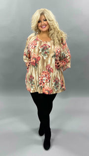 33 PQ-R {Find my way} ***FLASH SALE*** Tan Coral Floral Bell Sleeve Tunic Plus Size 1X 2X 3X