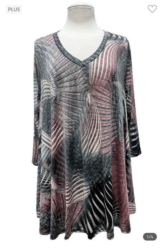 53 PQ-S {Why Not Me} Grey Print V-Neck Top EXTENDED PLUS SIZE 3X 4X 5X