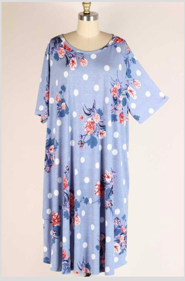 52 PSS-J {Spotted Floral} ***SALE***Steel Blue Polka Dot Floral Dress EXTENDED PLUS SIZE 3X 4X 5X