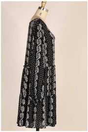 PLS-A {Little Darling}  Black & Ivory Floral Print Elastic Sleeve Dress  ***No Stretch***PLUS SIZE 1X 2X 3X