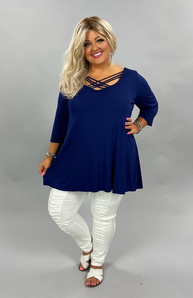 28 OR 37 SQ-G {Caged In Beauty} Navy Tunic W/Cage Neck Detail CURVY BRAND!! EXTENDED PLUS SIZE 3X 4X 5X 6X