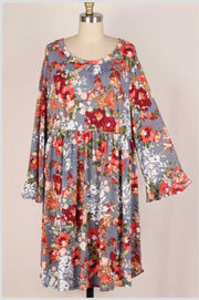 90 PQ-Q {Cool And Casual} Gray/Coral Floral Babydoll Dress EXTENDED PLUS SIZE 3X 4X 5X