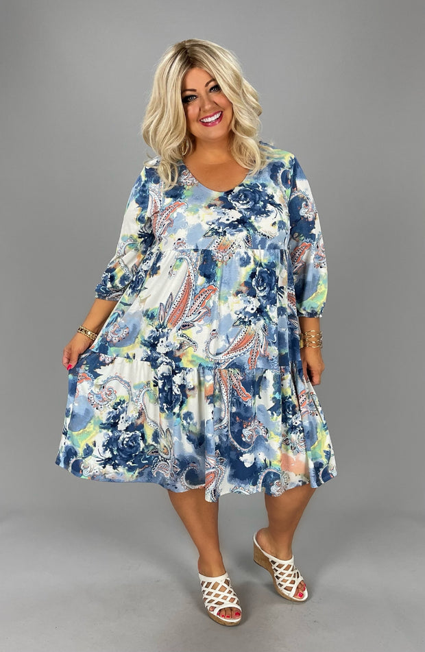 90 PQ-B {Spice Spice Baby} Ivory/Blue ***FLASH SALE***Paisley Tiered Dress EXTENDED PLUS SIZE 3X 4X 5X