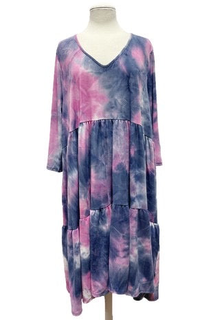 96 PQ-H {Say You Will} Navy Tie Dye V-Neck Tiered Dress EXTENDED PLUS SIZE 3X 4X 5X