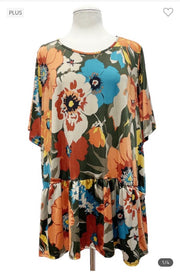 92 PSS-D {Blooms For The Lady} Orange Floral Top EXTENDED PLUS SIZE 3X 4X 5X