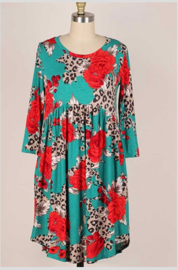 15 PQ-A {Stop The Show} Teal/Red Floral Babydoll Dress PLUS SIZE 1X 2X 3X