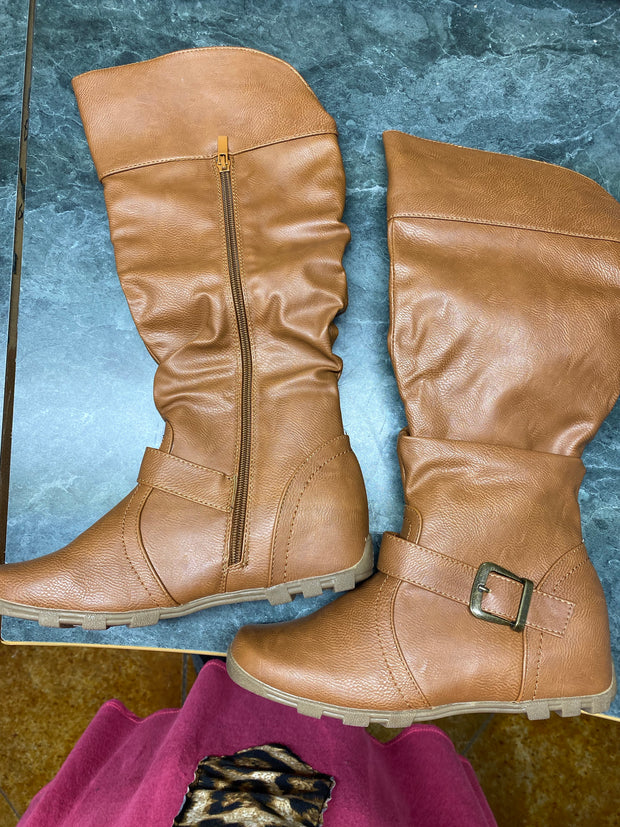 SHOES {Love Image} Tan Mid-Calf Boot Zip Up Buckle Detail