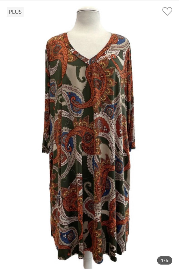 75 PQ-M {Walk On By} Olive Paisley Print V-Neck Dress EXTENDED PLUS SIZE 3X 4X 5X *** FLASH SALE***