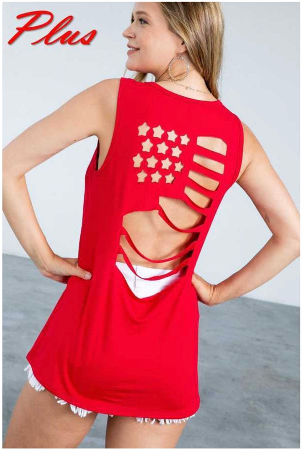 78 SV-C {Our Flag Still Waves} SALE! Red Sleeveless Top W/Cutout Back PLUS SIZE 1X 2X 3X