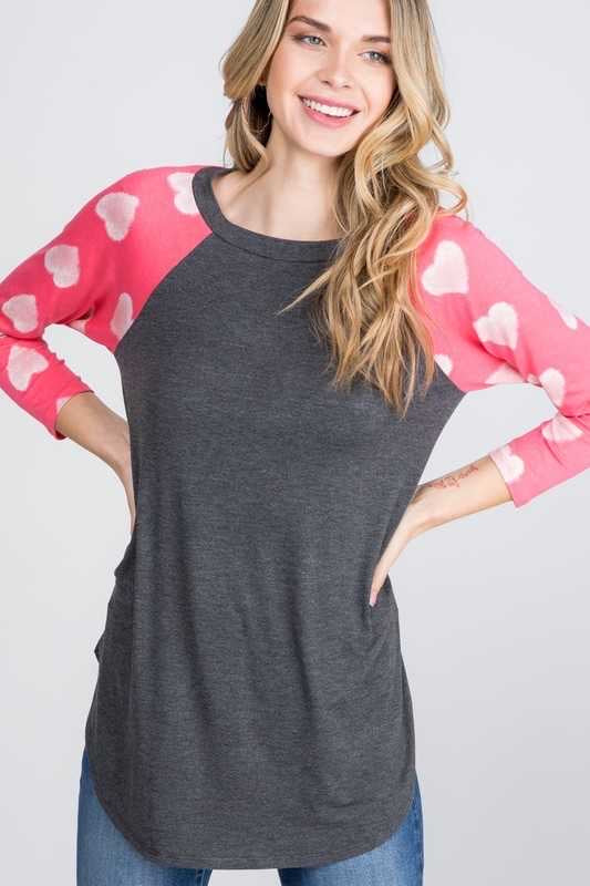 46 GT-A {Flirty Feelings} Charcoal With Pink Heart Sleeve Top PLUS SIZE XL 2X 3X