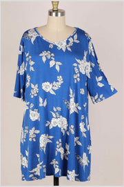 72 OR 68  PSS-L {Color Me In} ***SALE***Blue Tunic W/ Flower Detail EXTENDED PLUS SIZE 3X 4X 5X