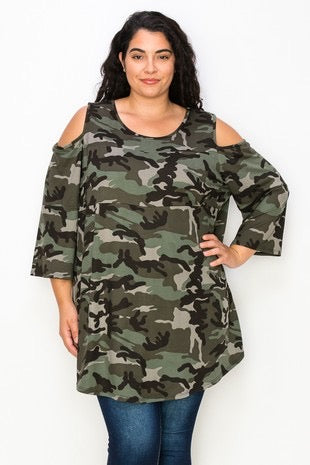 33 OS-J {The Hunt Is Here} Olive Camo Print Open Shoulder Top CURVY BRAND!!! EXTENDED PLUS SIZE 1X 2X 3X 4X 5X