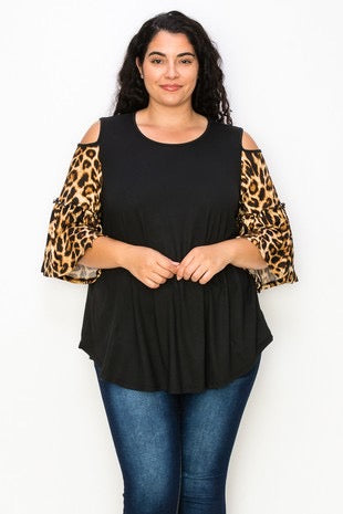 54 OS-P {Simply Lovely} Black/Leopard Print Open Shoulder Top  CURVY BRAND!!!  EXTENDED PLUS SIZE 1X 2X 3X 4X 5X 6X