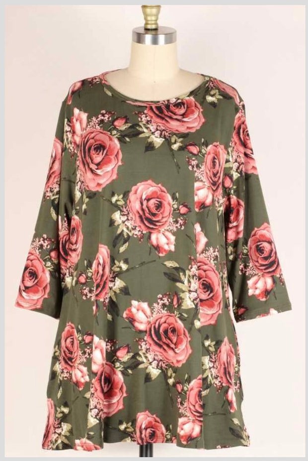 90 PQ-E {A Rose Is A Rose} Olive/Rose Print Top EXTENDED PLUS SIZE 3X 4X 5X