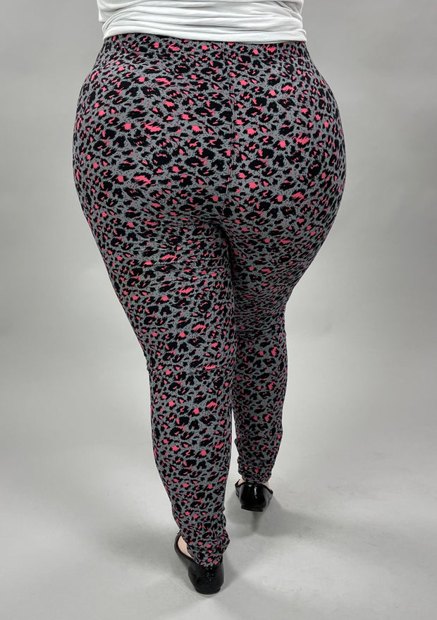 LEG-L {Leopard Life} Grey/Pink Leopard Printed Leggings EXTENDED PLUS SIZE