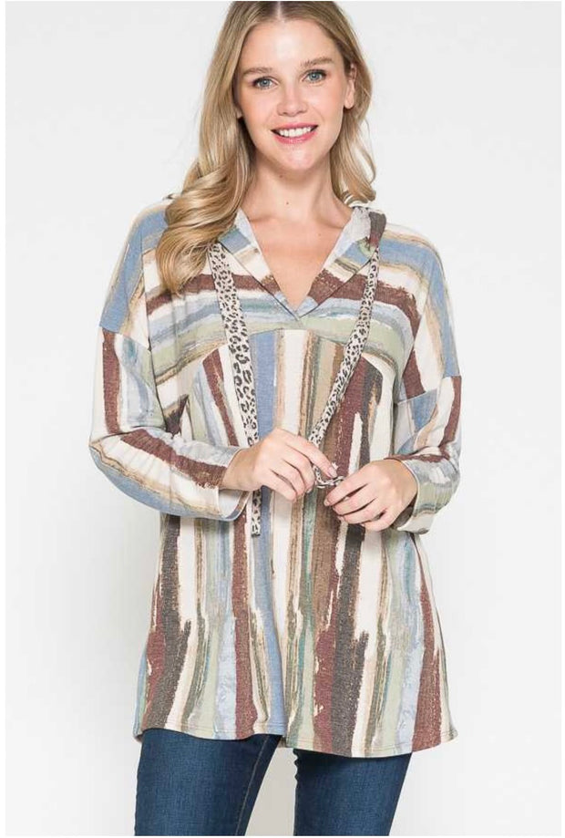 37 OR 89 HD-I {On My Terms} Taupe/Brown Striped Hoodie PLUS SIZE 1X 2X 3X