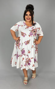 99 PSS-J {Illusion Of Bliss} ***SALE***Ivory Floral Print V-Neck Dress EXTENDED PLUS SIZE 3X 4X 5X