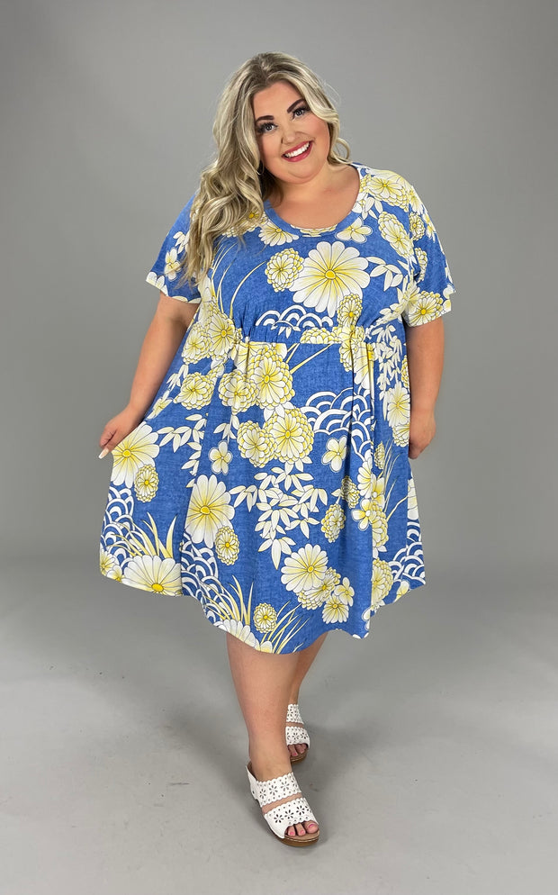 67 PSS-Y {Touched By Gold} Blue Floral Cinched Waist Dress EXPANDED PLUS SIZE 1X 2X 3X 4X 5X 6X
