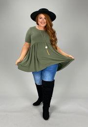 52 or 43 SSS-K [Feeling The Love} Light  Olive Babydoll Tunic PLUS SIZE 1X 2X 3X