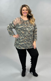 12 PQ-D {On A Mission} Green Camo Top W/Neck Detail PLUS SIZE 1X 2X 3X