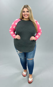 46 GT-A {Flirty Feelings} Charcoal With Pink Heart Sleeve Top PLUS SIZE XL 2X 3X