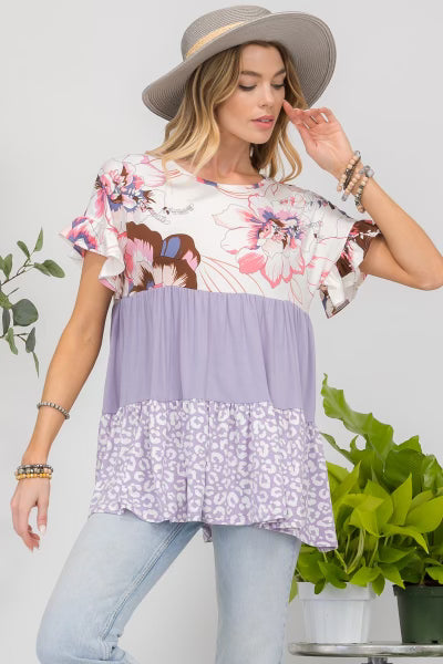 76 CP-B {Lift Your Spirits} Lilac  ***SALE***Floral Tiered Top PLUS SIZE 1X 2X 3X