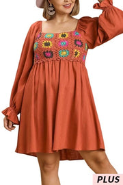 31 CP-B {Flower Power} 'Umgee" Rust Crochet Front Dress PLUS SIZE XL 1X 2X