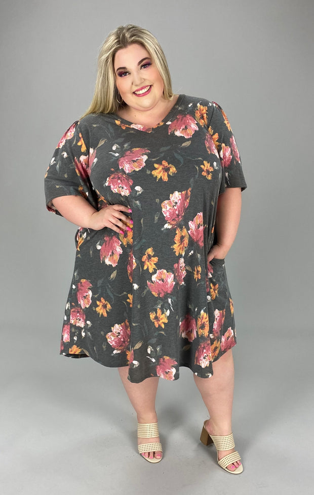 32 PSS-C {No Fooling Around} ***SALE***Charcoal Floral V-Neck Dress EXTENDED PLUS SIZE 3X 4X 5X