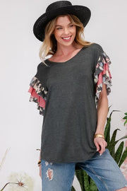 54 CP-A {Ease Into It} ***SALE***Charcoal/Printed Ruffled Sleeve Top Plus Size 1X 2X 3X