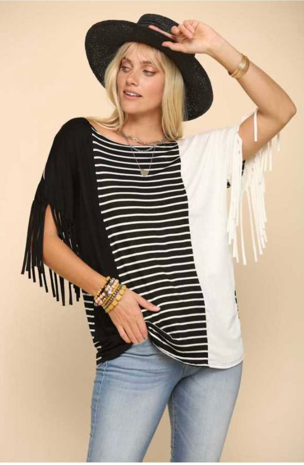 88 CP-A {Leader Of The Pack} Black/Ivory Striped Top W/Fringe PLUS SIZE 1X 2X 3X***SALE***