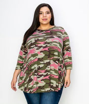 51 PQ-L {Got Your Number} Olive/Pink Camo Top EXTENDED PLUS SIZE 3X 4X 5X