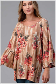33 PQ-R {Find my way} ***FLASH SALE*** Tan Coral Floral Bell Sleeve Tunic Plus Size 1X 2X 3X