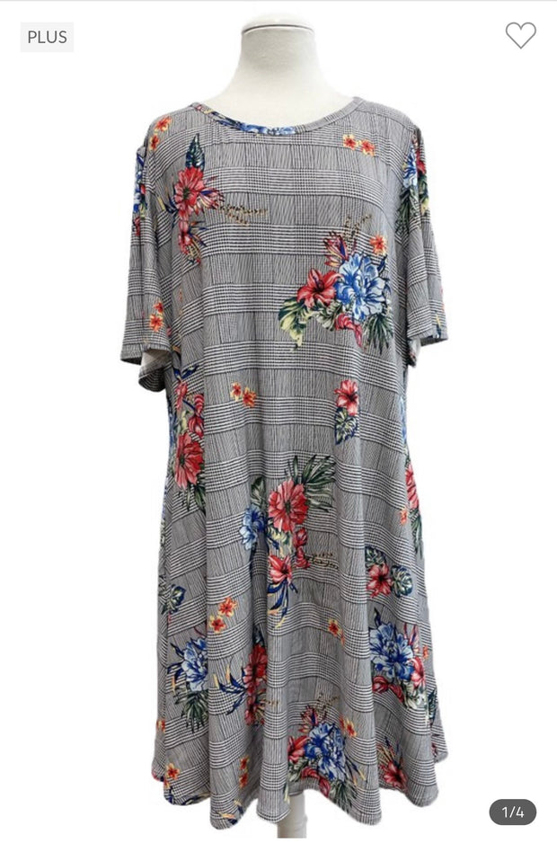30 PSS-E {Floral Basket} Checkered w Floral Dress EXTENDED PLUS SIZE 3X 4X 5X