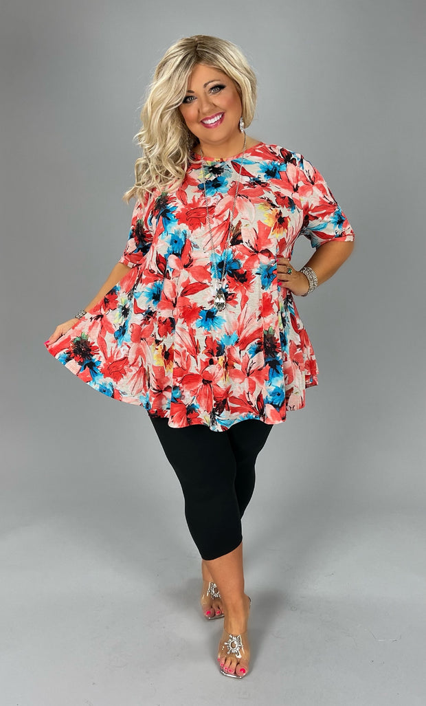 89 PSS-C {Floral Melody} Coral Floral Short Sleeve Top EXTENDED PLUS SIZE 3X 4X 5X