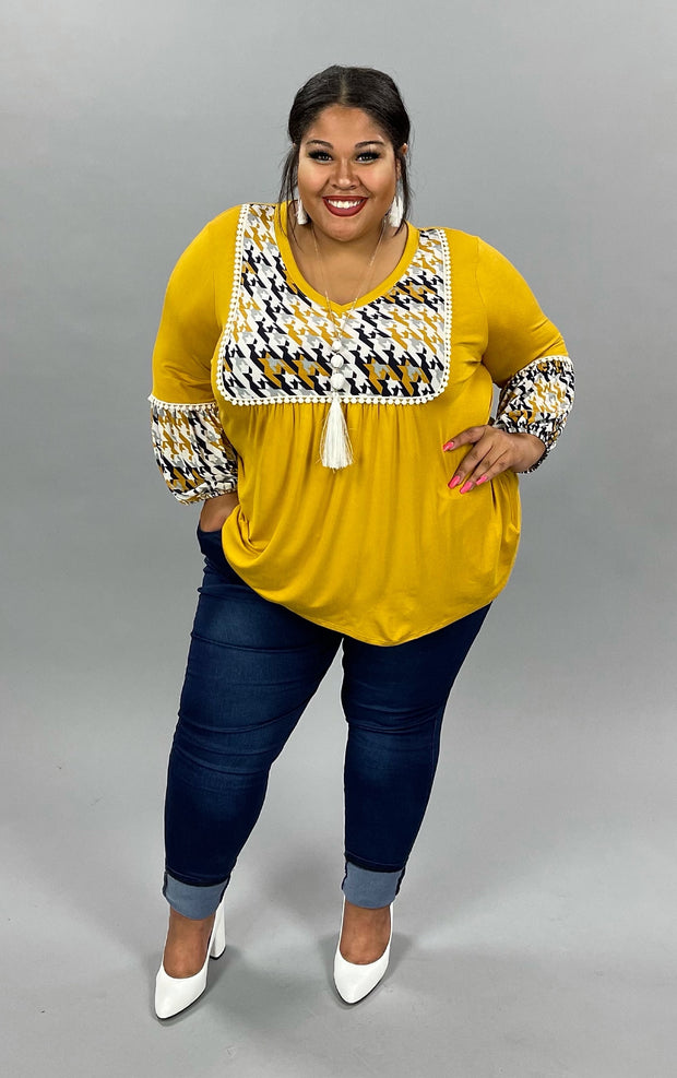 93 CP-E {Block Party} Mustard/Houndstooth Print Top PLUS SIZE 1X 2X 3X