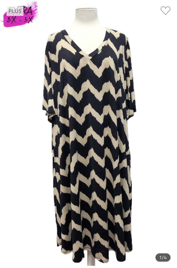 86 PSS-B {Into The Arena} Blk/Taupe ZigZag Print Dress EXTENDED PLUS SIZES 3X 4X 5X