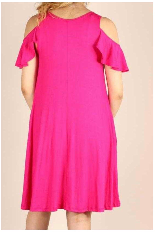 OS-A {Town Outing} Fuchsia Open Shoulder Dress W/Pockets PLUS SIZE 1X 2X 3X SALE!!