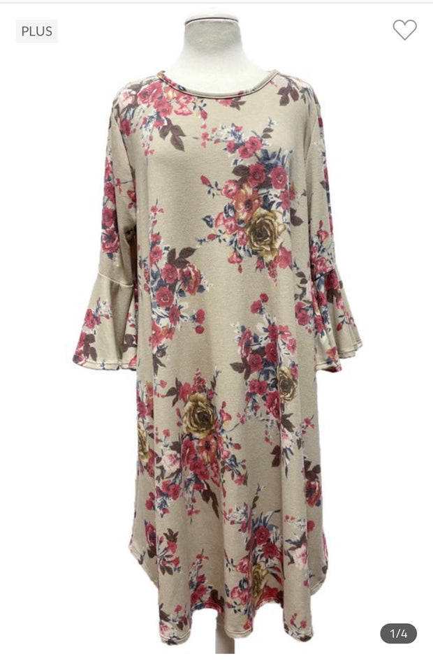 64 PQ-M {Love And Honey} Taupe Floral Bell Sleeve Dress EXTENDED PLUS SIZE 3X 4X 5X