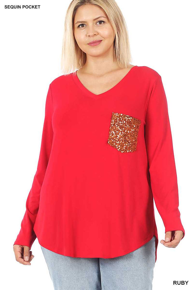 20 OR 56 SD-A {Stunning Vision} Ruby V-Neck Sequin Pocket Top PLUS SIZE 1X 2X 3X